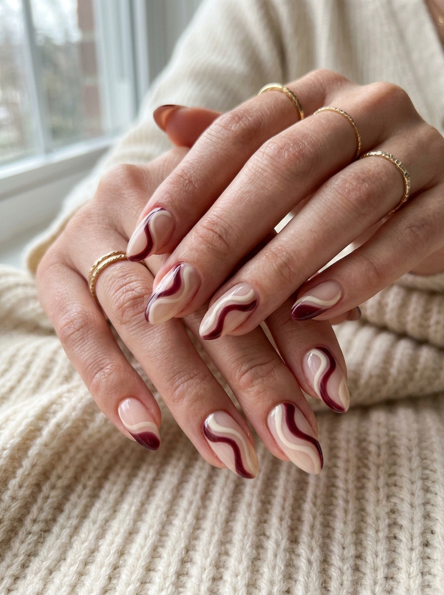 Retro Maroon Swirl Nails
